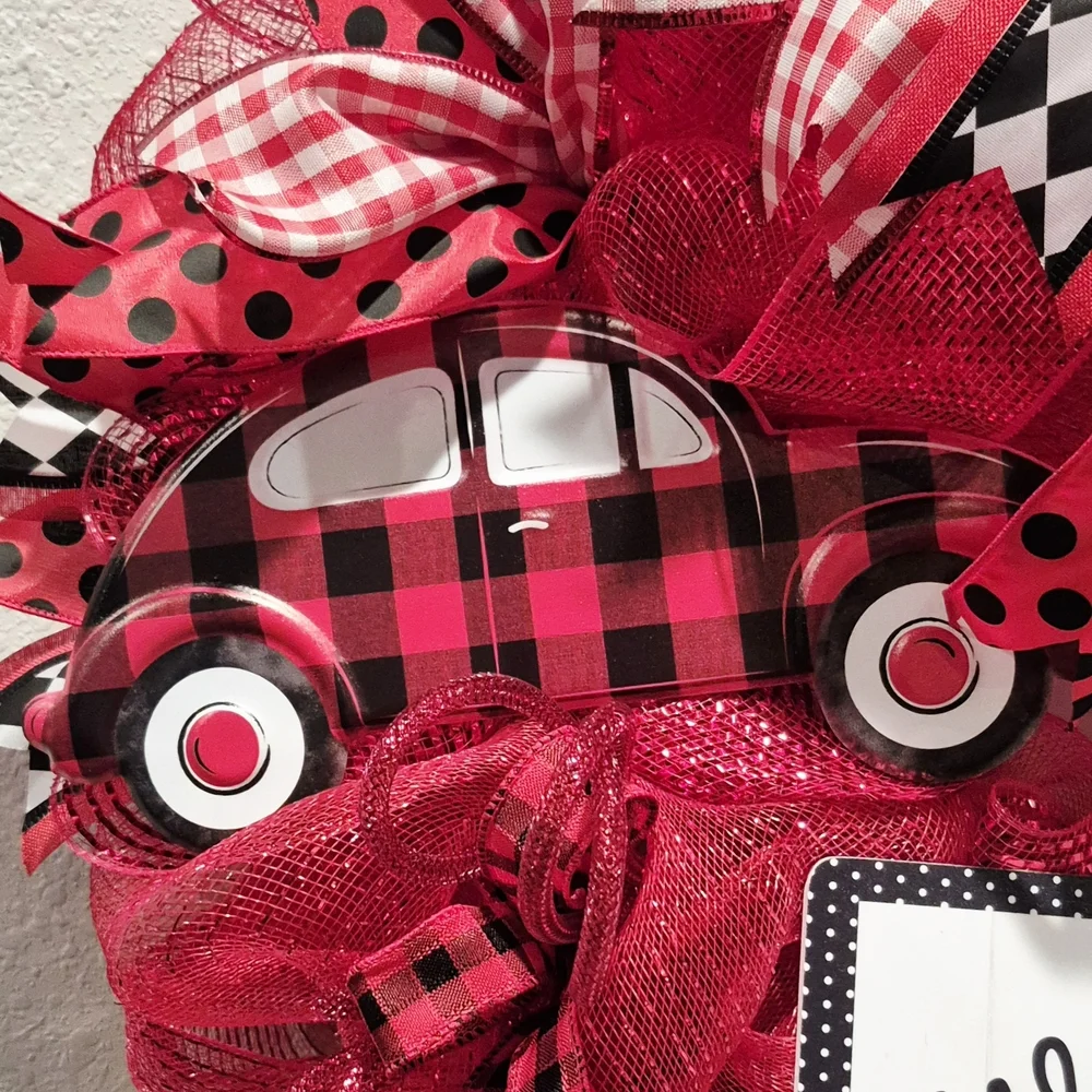 Wreath Welcome Ladybug love bug car black red polkadots buffalo checker Summer
